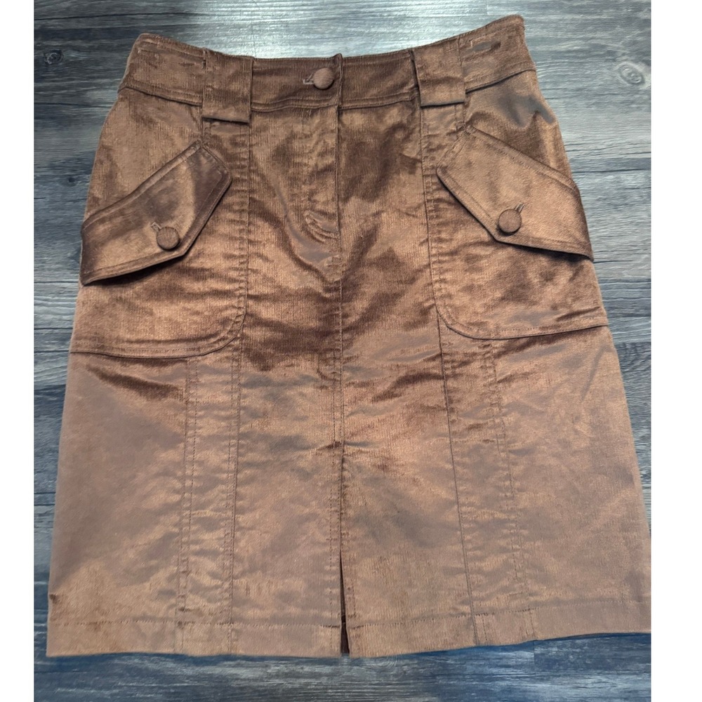 Cache Brown Corduroy Utility Mini Skirt Size 10 Copper Metallic Sheen Stretch
